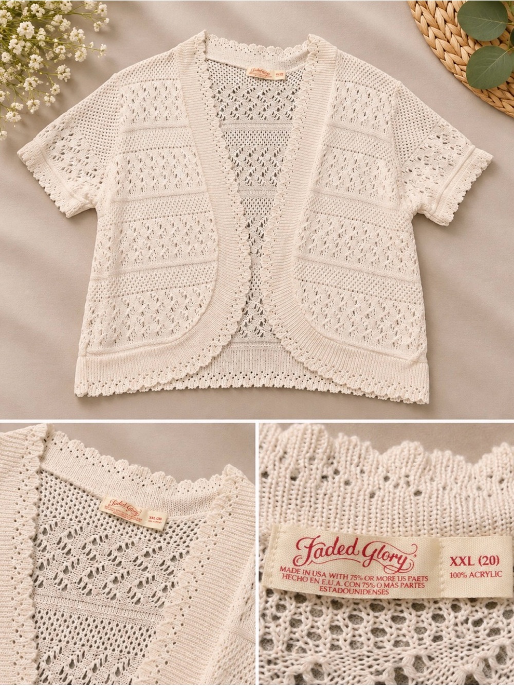 Faded Glory Cream Crochet Short Sleeve Cardigan